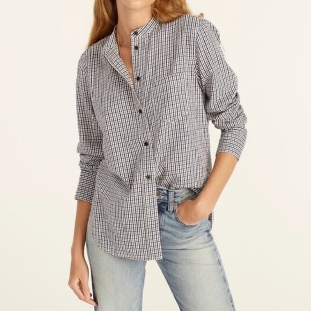 J Crew Classic Fit Collarless Shirt 12 Chrome Plaid Blue Black White BB226